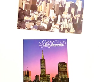 Vintage San Francisco Postcard California Post Card Skyline Souvenir Postcards 1989 Financial District At Night & Aerial of Downtown