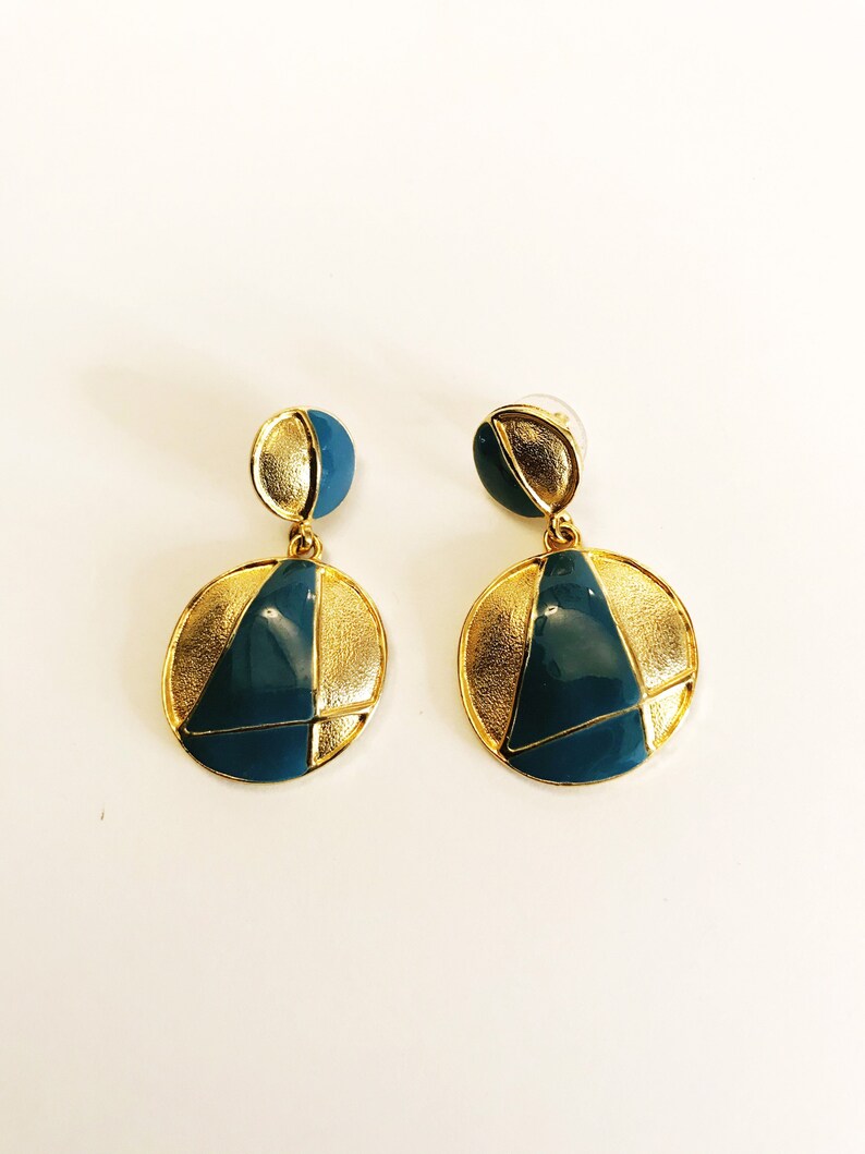 Vintage Drop Gold-tone Blue Enamel Earrings Pierced Double Circle Dangling Earrings Geometric Costume Jewelry Statement Bold Door Knocker image 8