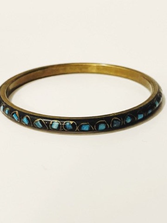Vintage Ethnic Brass Inlaid Mosaic Bangle Bracelet