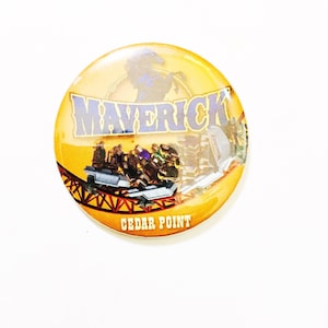 Vintage Maverick Cedar Point Pinback Button Amusement Park Souvenir Metal Roller Coaster Ride Pin Knotts Berry Farm Kings Island