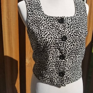 Vintage 90s Black & White Leopard Cheetah Vest Faux Velveteen Animal Print Ladies Vests Size 5 6 Small Button Lined Cat 80s