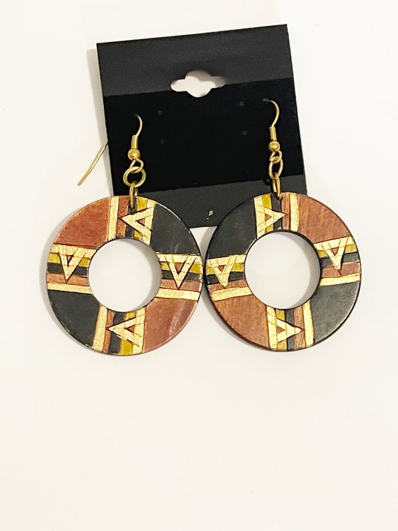 90s Dangle Wood Earrings African Print Vintage 19… - image 4