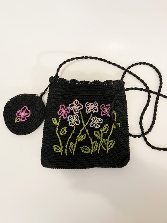 Small Croquet Black Crossbody Coin Purse Flower Ne