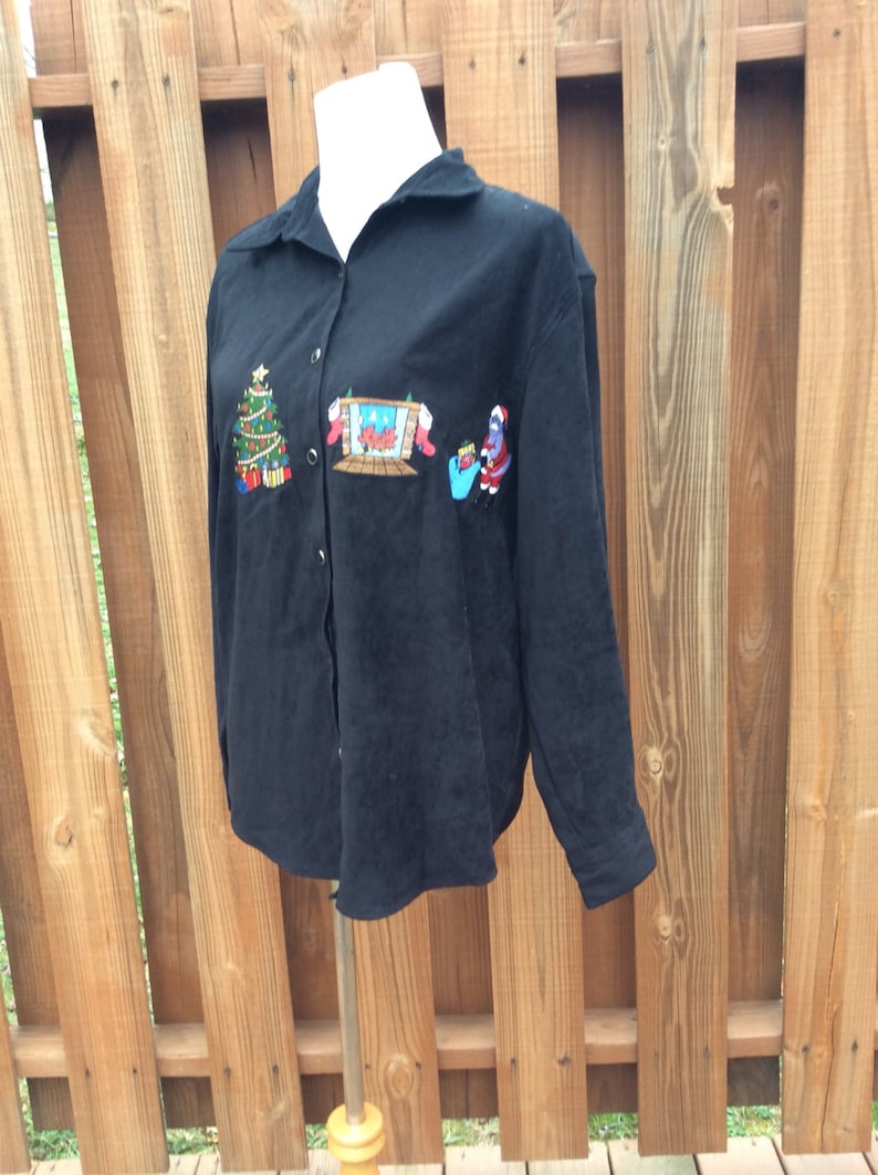 Black Long Sleeve Woman/'s Size M Holiday Velveteen Blouse Tops Ugly Christmas Shirt Bill Blass Jeans Ladies Christmas Shirt Button Down