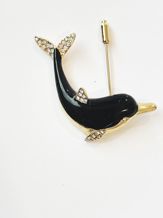 Kenneth Jay Lane Vintage Dolphin Pin: Black Ename… - image 1