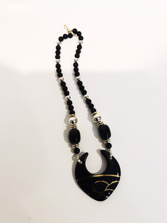 Vintage 90s Beaded Statement Necklace Black Gold Costume Jewelry 
