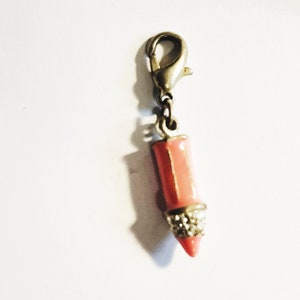 Vintage Pink Pencil Charm Pink Lipstick Enamel Charm Makeup Charm Glam Girl Vintage Necklace Charm Toy Silver tone Bracelet Charm
