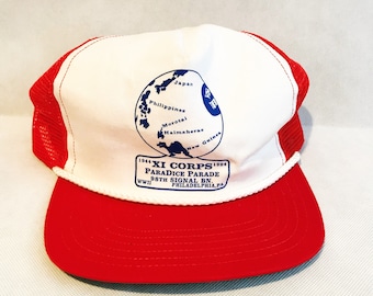 Vintage Military Hat Philippines XI Corps 1994 Trucker Snapback Paradice Parade 98th Signal BN WWII Ball Cap Red White Mesh Baseball Caps