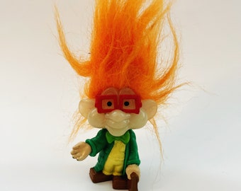 Vintage Nerd Troll Doll Burger King Kids Clue I/Q Troll Doll Glow in the Dark 1990&#39;s 90s Retro Toys Orange Hair Red Eyeglasses 3&quot;