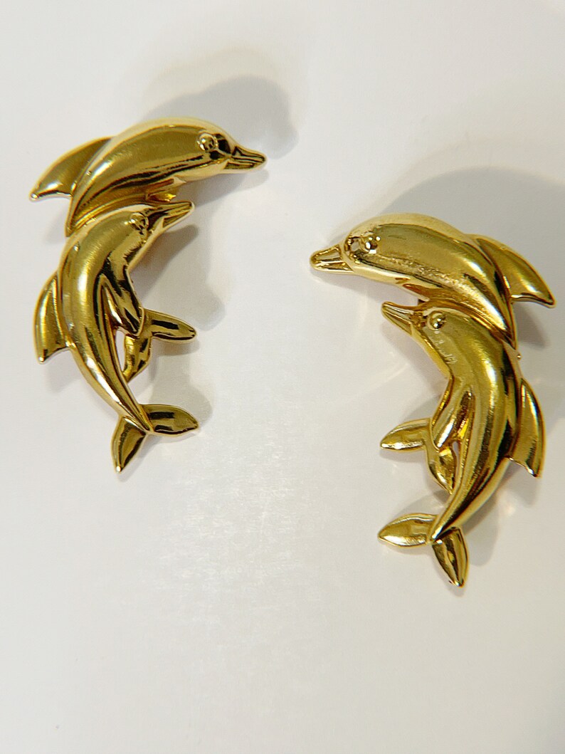 Vintage Dolphin Clip On Earrings Golden Dolphin Earrings Retro 80s Statement Clip Ons Fun Pair Vtg Gold Tone Large Dolphins Clip Earrings image 10