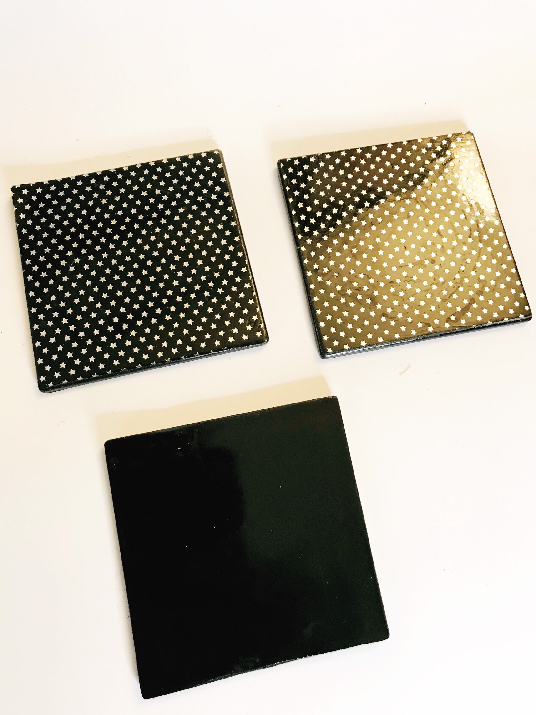 Vintage Rubber Blue and Gold Polk-a-dot Coaster Set of 3