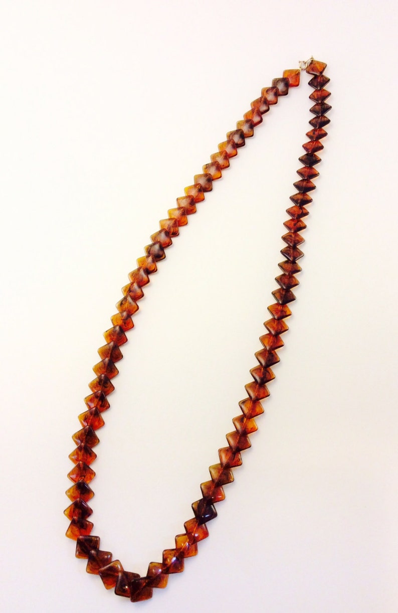 Vintage Tortoise Plastic Necklace Lucite Brown Marble Colored Diamond Cut Shaped Jewelry Geometric Design Amber Brown Long Boho Necklace image 2