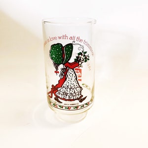 Vintage Green Bonnet Holly Hobbie Christmas is Love with all the Trimmings Glass Vtg Holly Hobbie Glass Cup Tumblers Drinkware 1970s