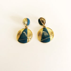 Vintage Drop Gold-tone Blue Enamel Earrings Pierced Double Circle Dangling Earrings Geometric Costume Jewelry Statement Bold Door Knocker image 6