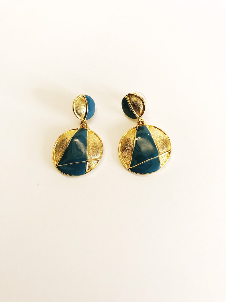 Vintage Drop Gold-tone Blue Enamel Earrings Pierced Double Circle Dangling Earrings Geometric Costume Jewelry Statement Bold Door Knocker image 6