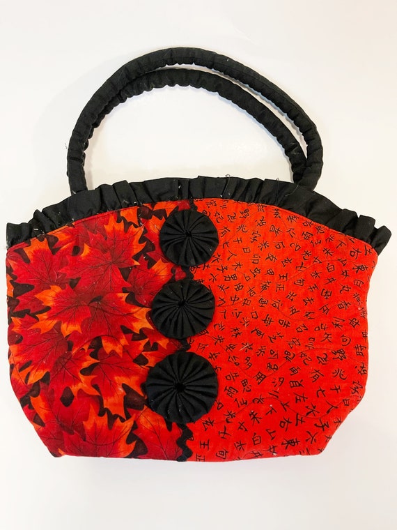 Red and Black Fabric Handbag Floral Lunch Pal Clo… - image 3