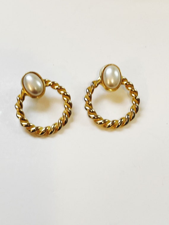Vintage Faux Pearl Hoop Door Knocker Gold Tone Earrings Twisted