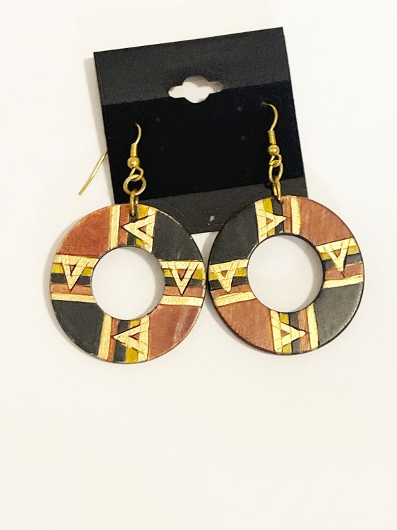 90s Dangle Wood Earrings African Print Vintage 19… - image 1