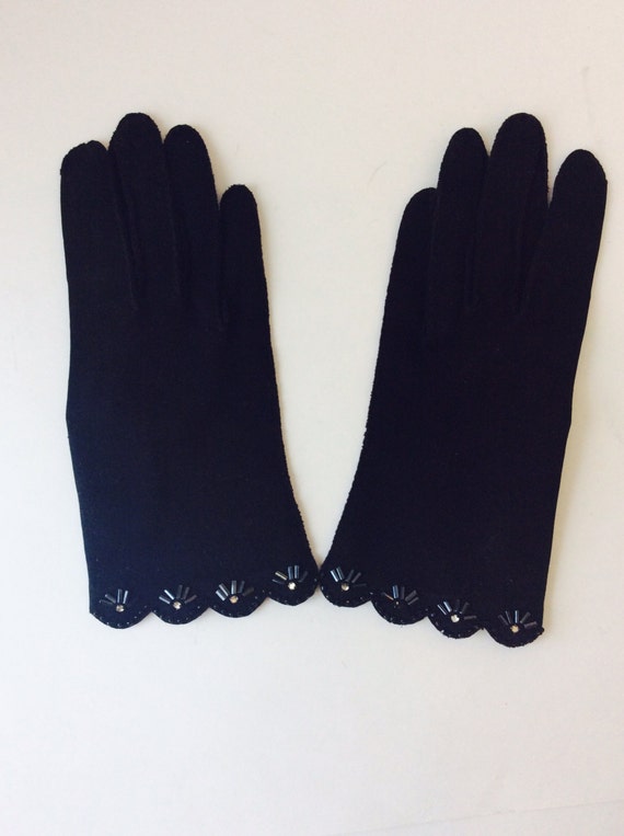 Vintage Black Sequin Women Gloves Beaded Trim Bla… - image 3