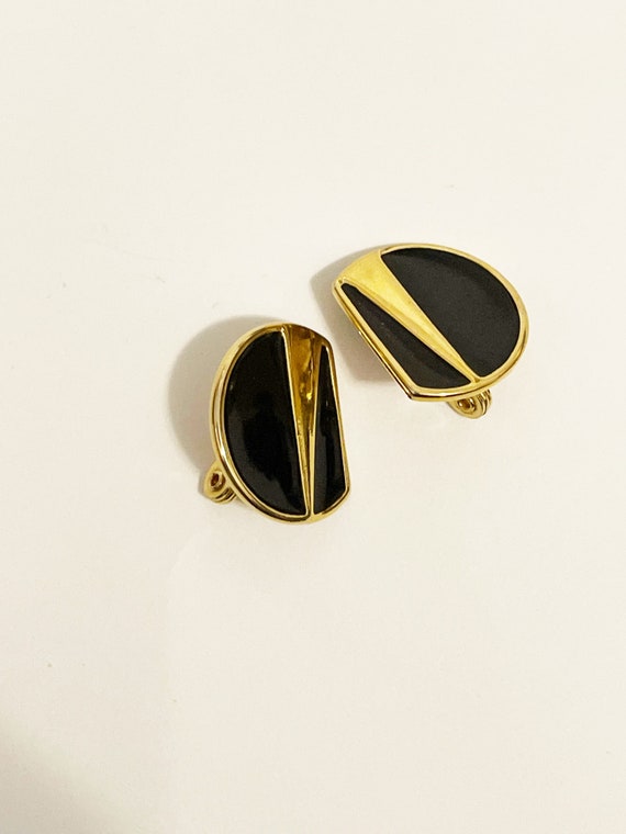 Vintage Monet Clip-ons Black and Gold Geometric B… - image 1