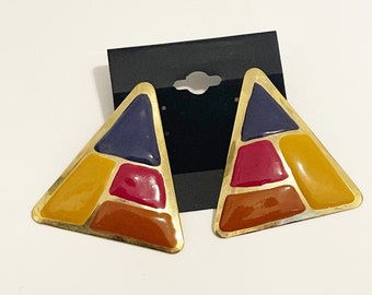 Vintage Color Block Triangle Earrings: Retro Geometric Gold Tone Jewelry