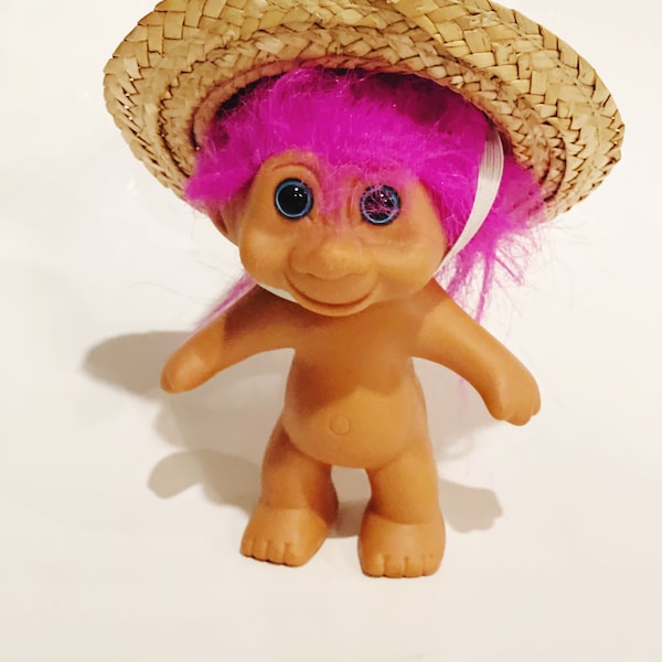 Vintage Troll Doll Neon Pink Hair Straw Hat Troll 1991 T.N.T. Troll Doll Good Luck Troll Dolls Retro Toys Naked Troll Farmer Troll