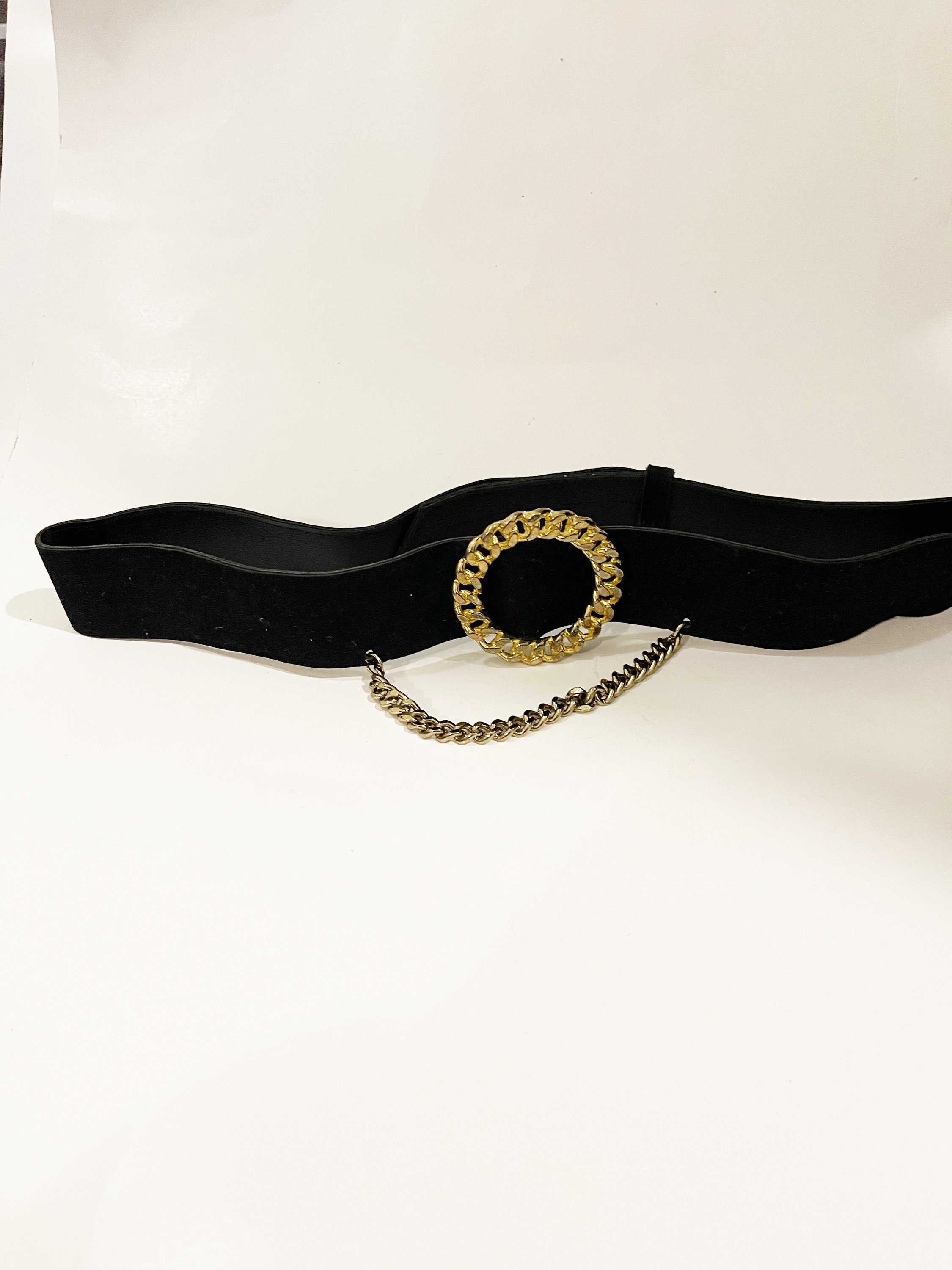 Vintage Black Velvet Wide Belt: 1990s Gold Buckle, Chain 
