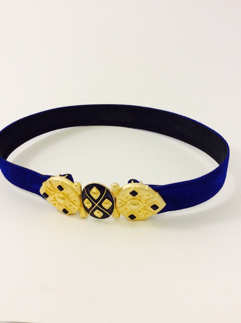 Vintage Carlise 1980s Chunky Gold Statement Belt Suede Midnight Blue Golden Belt Jewelry 80s Bold Accent Buckle Ladies Belts Size Small