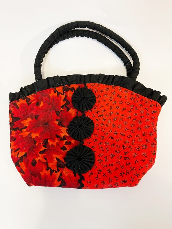 Red and Black Fabric Handbag Floral Lunch Pal Clo… - image 1