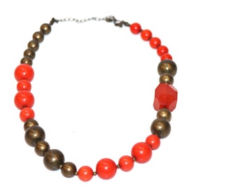 Chunky Orange Bead Necklace Statement Choker Large Orange and Bronze Color Beads Vintage 1990s Mod Style