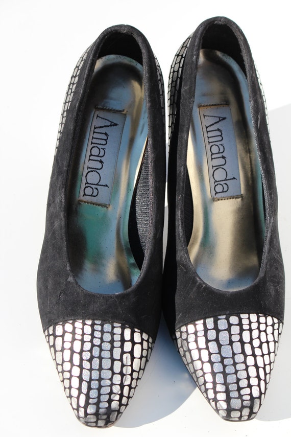 Vintage 1990s  Silver Black Heels Suede Pumps 90s… - image 3