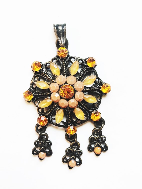 Vintage Orange Rhinestones Pendant Necklace Penda… - image 5