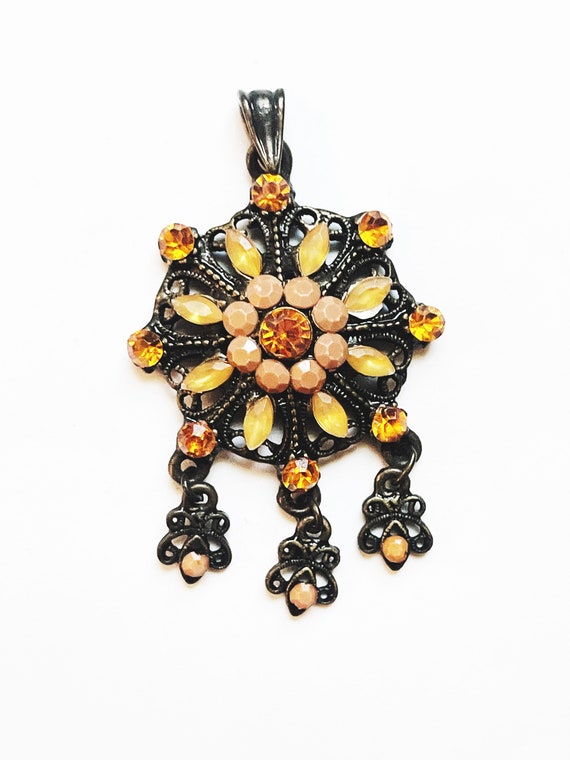 Vintage Orange Rhinestones Pendant Necklace Penda… - image 4