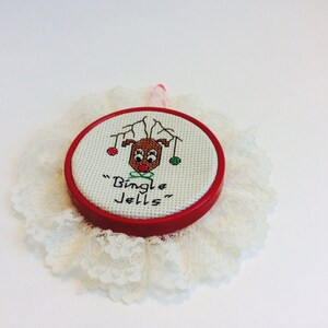 Cross Stitch Handmade Christmas Reindeer Ornament, Rudolph the Red Nose Reindeer Bingle Jells Christmas Ornament