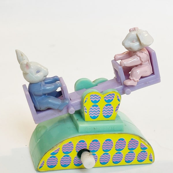 Vintage Easter Bunny Seesaw Wind-up Toy 2 Rabbits Playing on a Wind Up See-saw Retro Collectible Toys Bunnies Easter Eggs Nostalgia 1980s