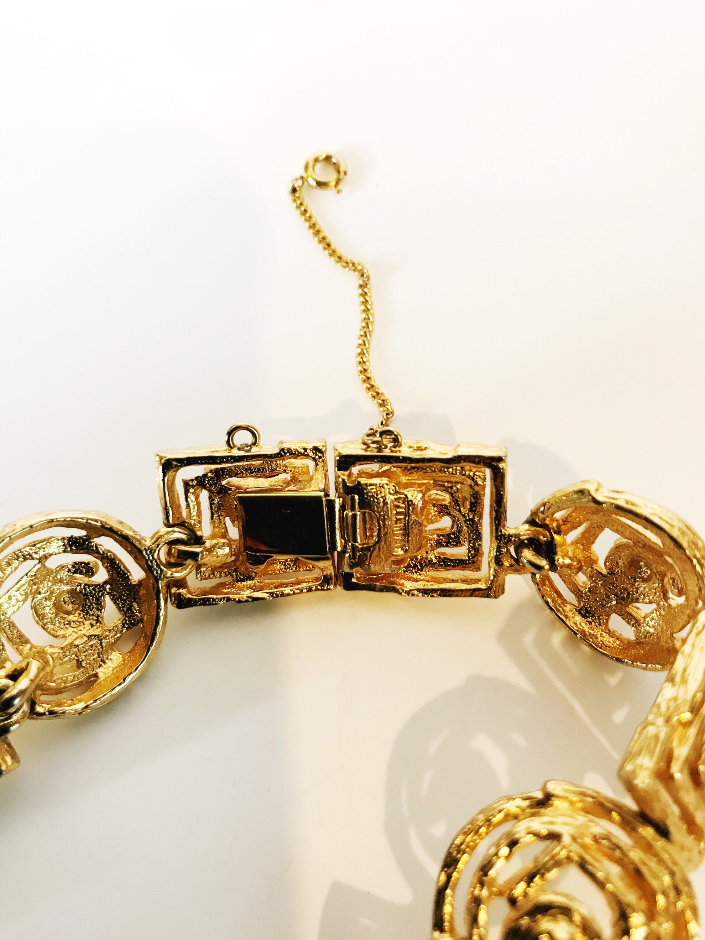 Vintage Panetta Gold Tone Statement Necklace: Aztec Art Deco Chain