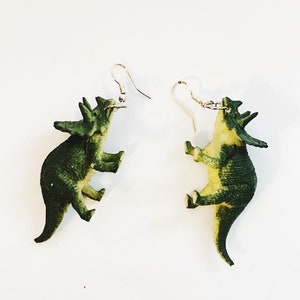 Dinosaur Earrings Retro Triceratops Earrings Dino Toy Earrings Silver plated Ear Wire Hooks Pierced Drop Dangle Ears Retro Novelty Earrings