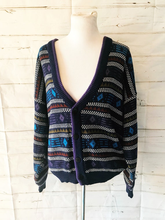 Vintage 80s 90s Striped Knit Men s Sweater Botany 500 V neck Cardigan Bill Cosby Style Mr. Rodgers Neighborhood Sweater Etsy