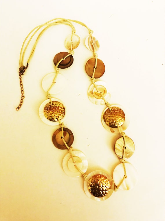 Vintage Boho Mother of Pearl Shell Metal Necklace… - image 1