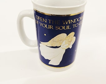 Vintage Angel Mug: Blue, White, and Gold Porcelain, Spiritual Gift
