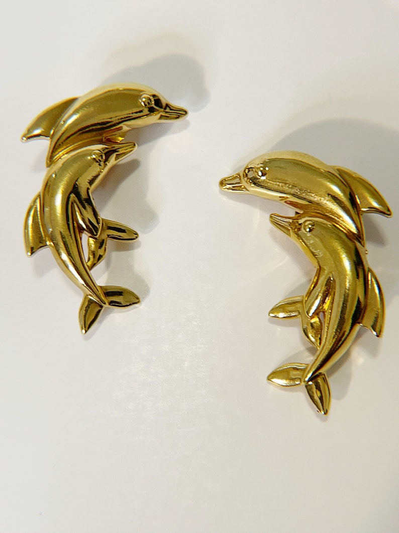 Vintage Dolphin Clip On Earrings Golden Dolphin Earrings Retro 80s Statement Clip Ons Fun Pair Vtg Gold Tone Large Dolphins Clip Earrings image 7