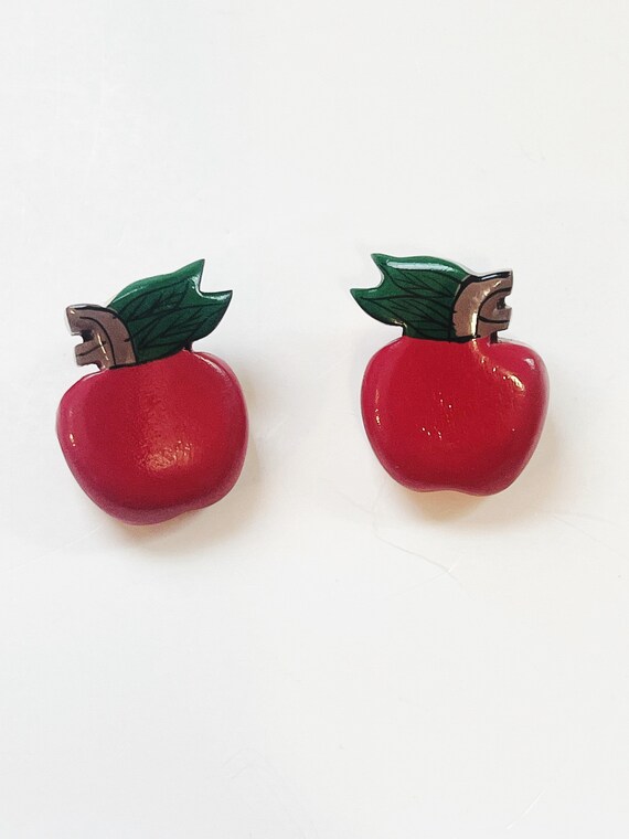 Red Apple Earrings Vintage Earrings Large Button … - image 6