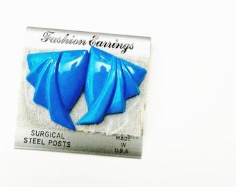 Vintage 1980s Blue Sculptural Earrings Retro Abstract Shape Earrings Statement Earrings 80s 90s Funky Turquoise Earrings