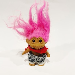 Vintage Troll Doll with Hot Pink Hair 1990s Collectible Toy in Red Bandanna Acid Washed Pants Retro Nostalgia Gift 90s Farmer Kid