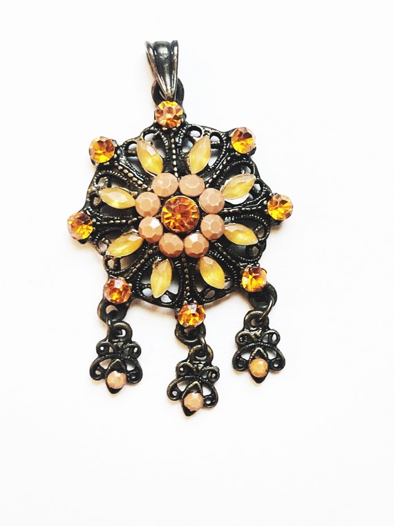 Vintage Orange Rhinestones Pendant Necklace Penda… - image 6