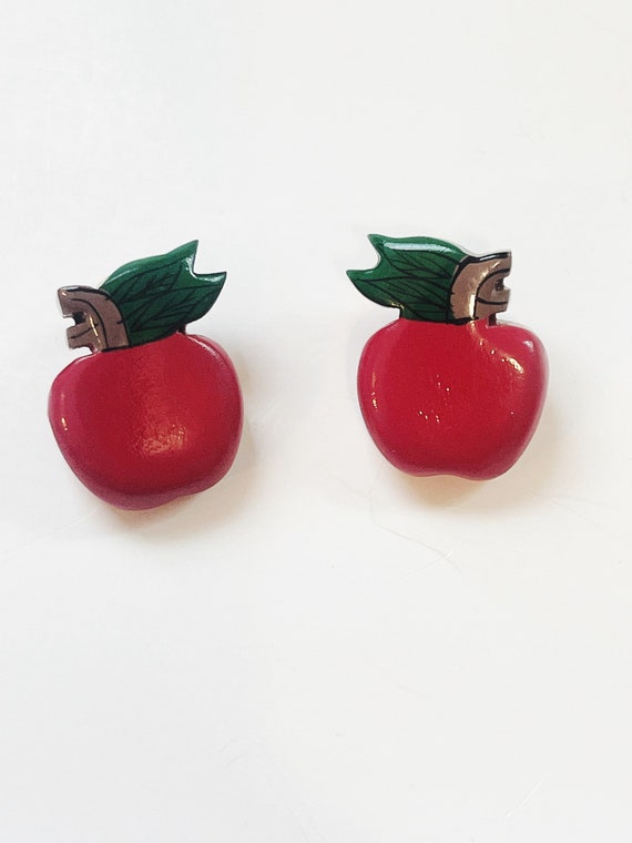 Red Apple Earrings Vintage Earrings Large Button … - image 10