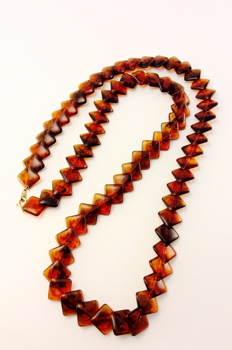 Vintage Tortoise Plastic Necklace Lucite Brown Marble Colored Diamond Cut Shaped Jewelry Geometric Design Amber Brown Long Boho Necklace image 1