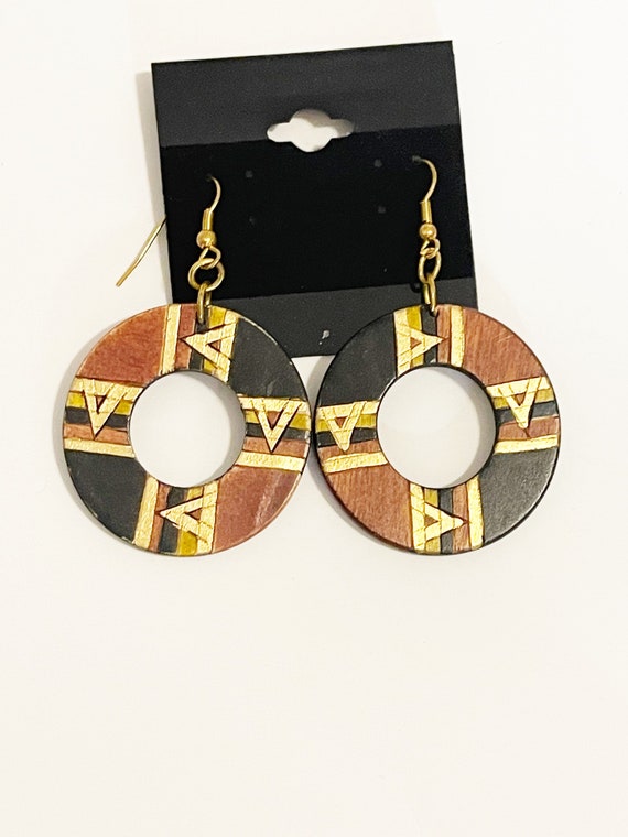 90s Dangle Wood Earrings African Print Vintage 19… - image 8