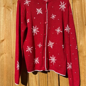 Red Snowflake Sweater Size Medium Ugly Christmas Sweater Holiday Sweater Winter Ski Sweater Button Up Cardigan by Capacity 90s image 6