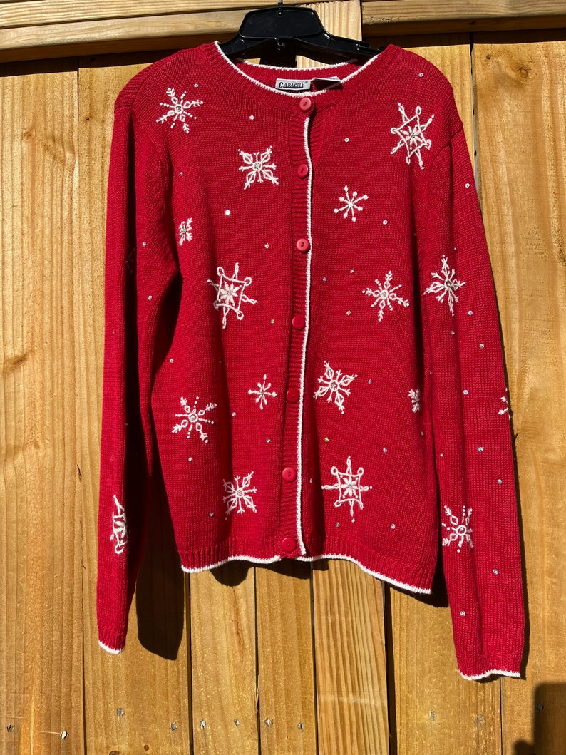 Red Snowflake Sweater Size Medium Ugly Christmas Sweater Holiday Sweater Winter Ski Sweater Button Up Cardigan by Capacity 90s image 6